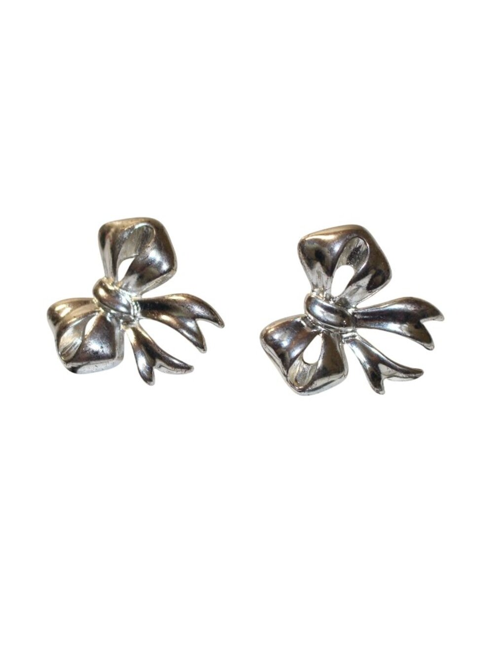 Silver Ribbon Bow Stud Earrings Polished Dimensional Knot Design